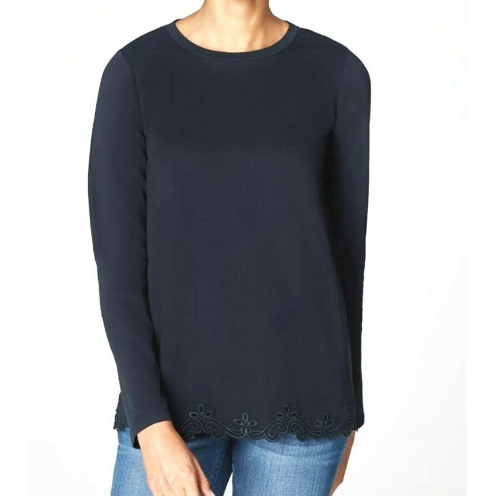 J Jill NEW Top L Navy Blue Pullover Shirt Embroidered Hem Relaxed May Fit XL